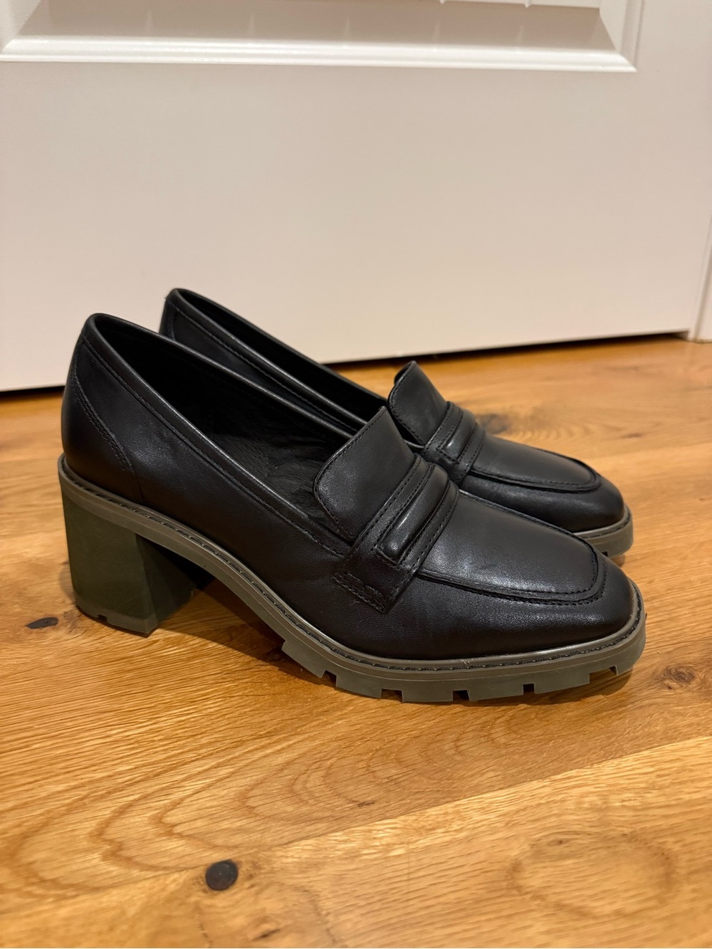 Sanctuary Parker Loafer Heels in Black with Olive green soles
